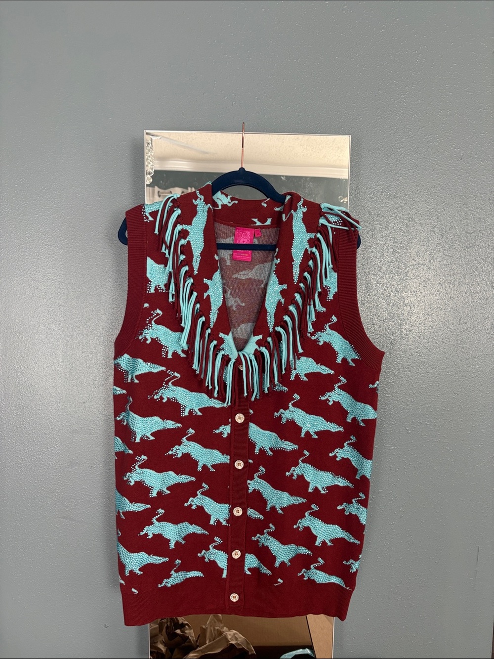 QUEEN OF SPARKLES Maroon and Teal Fringe Knit Vest Dress